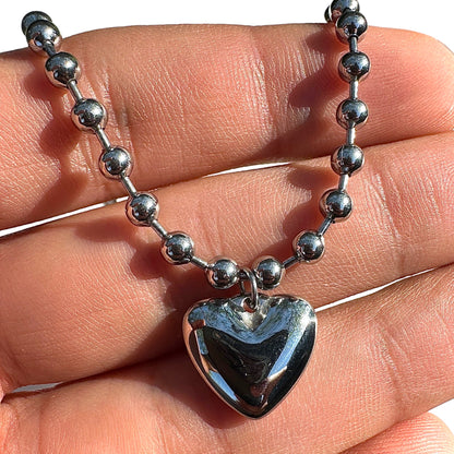 Heart Charm Bracelet Stainless Steel Silver Tone Beaded
