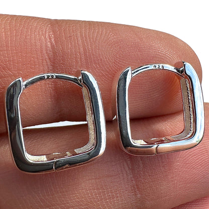 Sterling Silver Square Hoop Earrings 14mm Chunky Huggies
