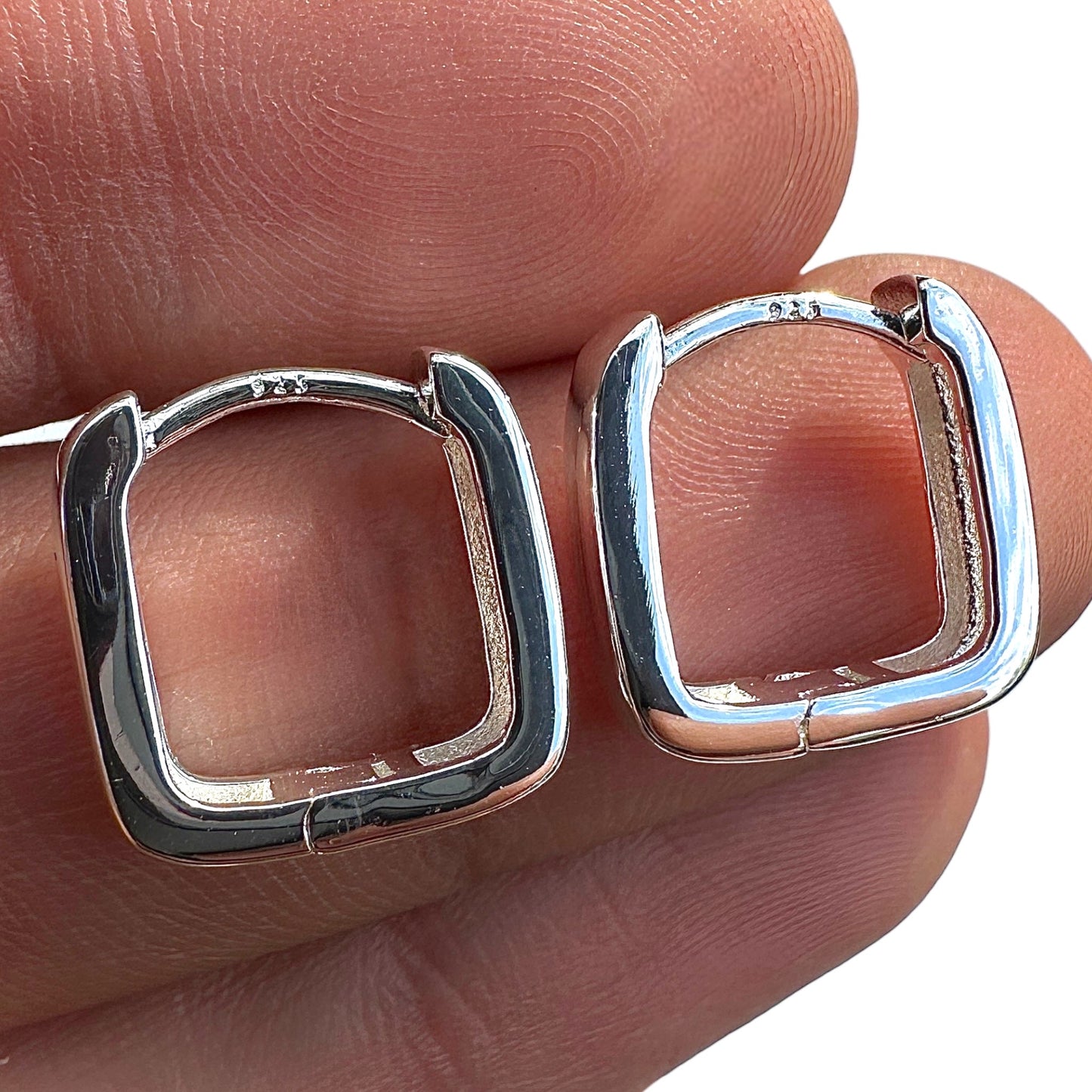 Sterling Silver Square Hoop Earrings 14mm Chunky Huggies