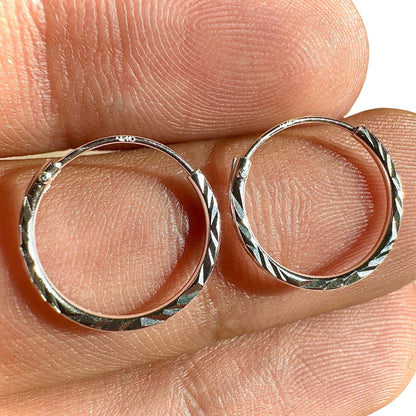 Sterling Silver Hoop Earrings 14mm Diamond Cut Small Hoops