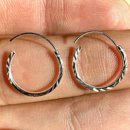 Sterling Silver Hoop Earrings 14mm Diamond Cut Small Hoops