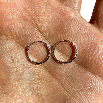 Sterling Silver Hoop Earrings 14mm Diamond Cut Small Hoops