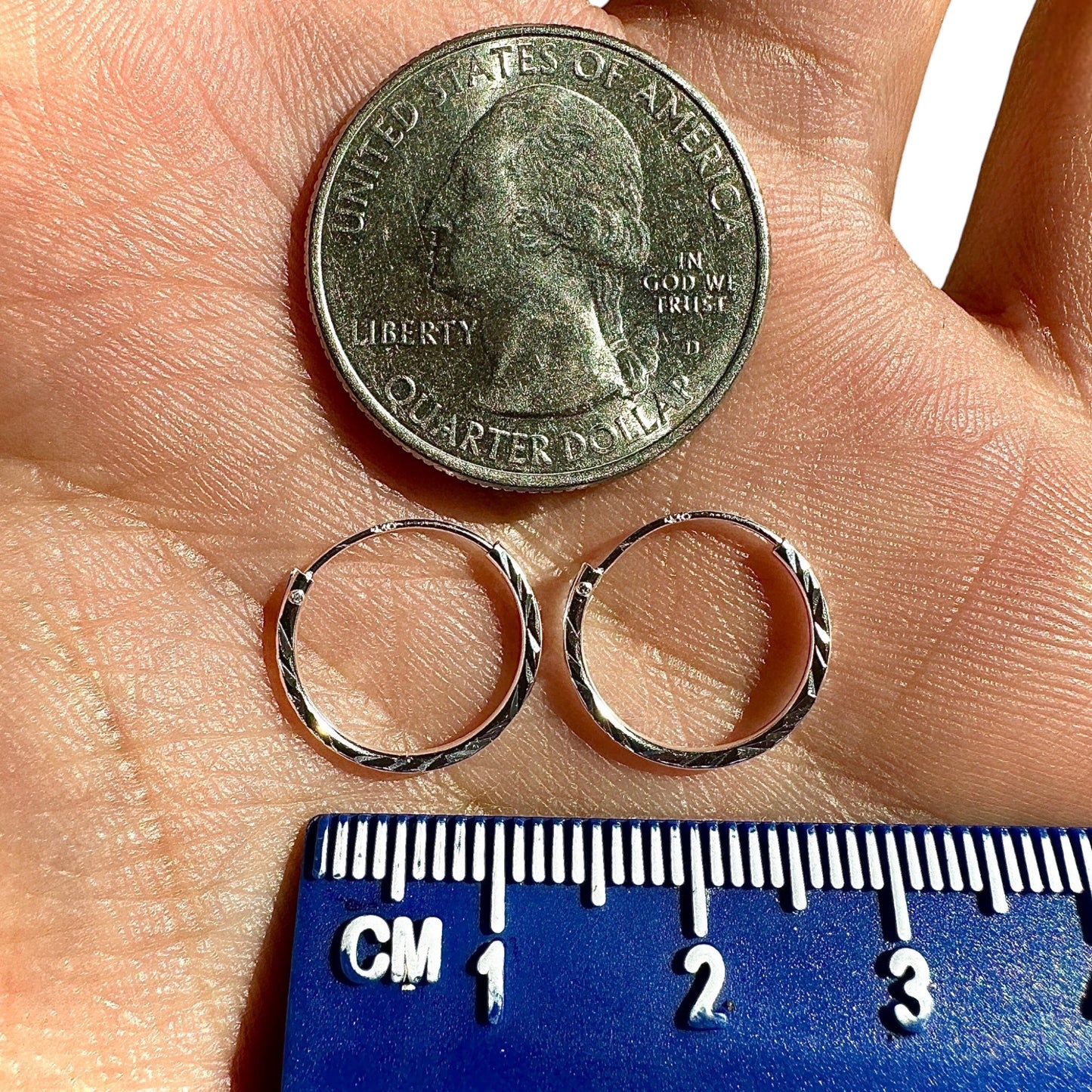 Sterling Silver Hoop Earrings 14mm Diamond Cut Small Hoops