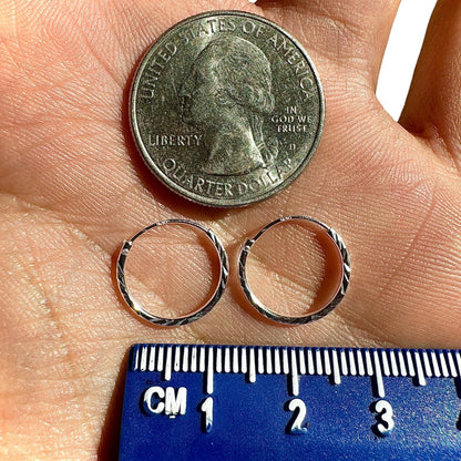 Sterling Silver Hoop Earrings 14mm Diamond Cut Small Hoops