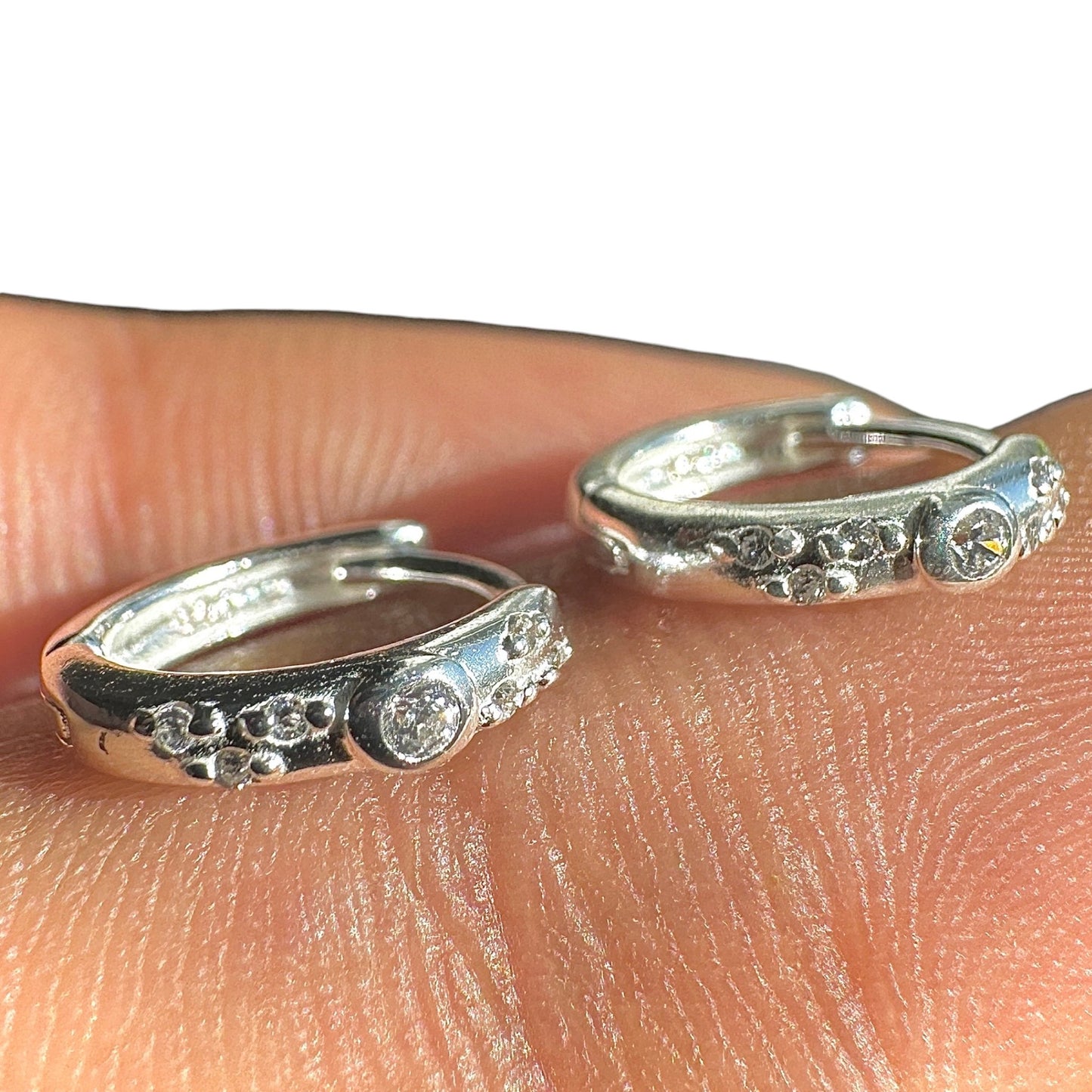 Silver Huggie Hoop Earrings 10mm 925 Sterling Silver CZ