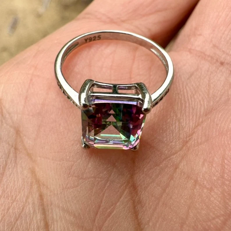 925 Sterling Silver Emerald Cut Birthstone Ring for Women Emerald Sapphire Ruby Mystic Topaz - LEOPRA