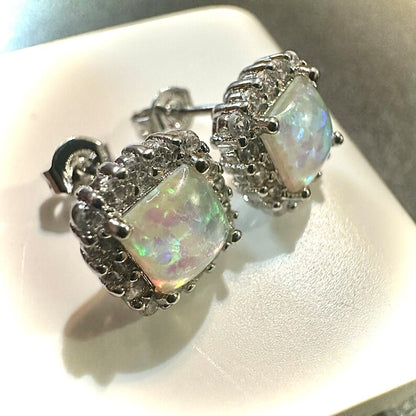 White Fire Opal and White Topaz Halo Stud 925 Sterling Silver Earrings