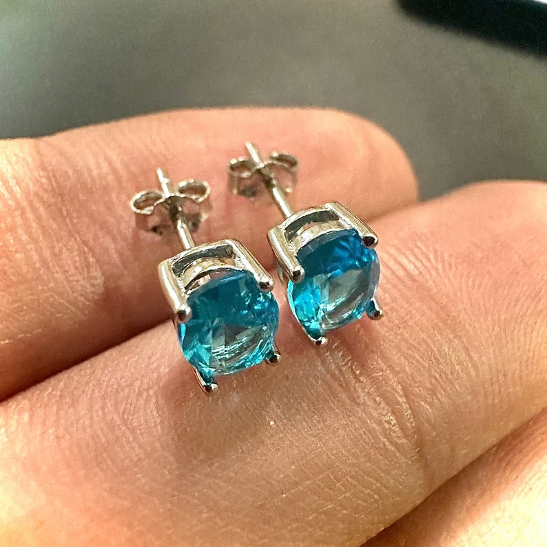 Oval Cut Blue Topaz 925 Sterling Silver Stud Earrings for Women