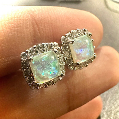 White Fire Opal and White Topaz Halo Stud 925 Sterling Silver Earrings