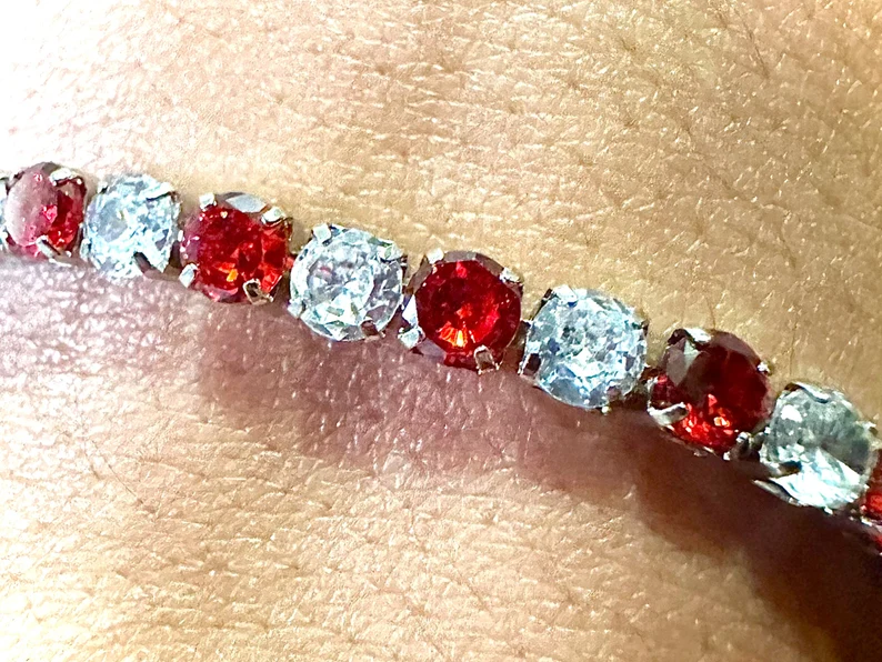 Ruby and White CZ 18K White Gold Plated Tennis Bracelet 7.5 Inches - leoshopdeals