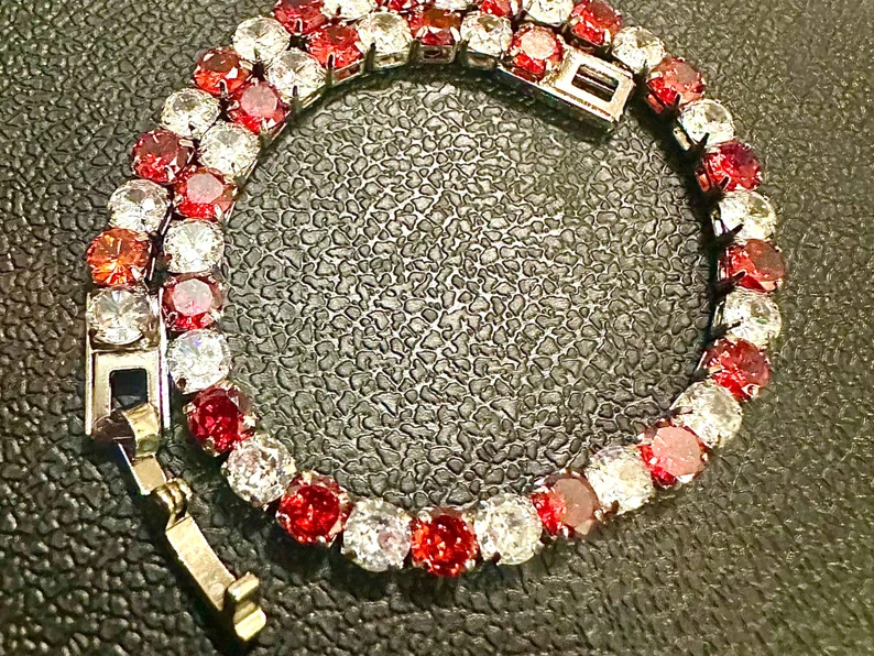 Ruby and White CZ 18K White Gold Plated Tennis Bracelet 7.5 Inches - leoshopdeals