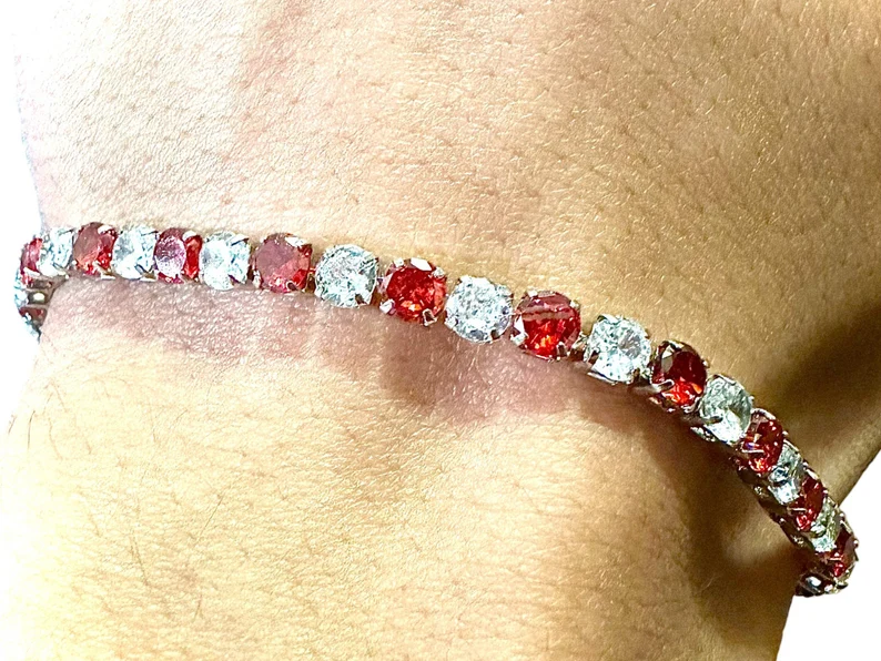 Ruby and White CZ 18K White Gold Plated Tennis Bracelet 7.5 Inches - leoshopdeals