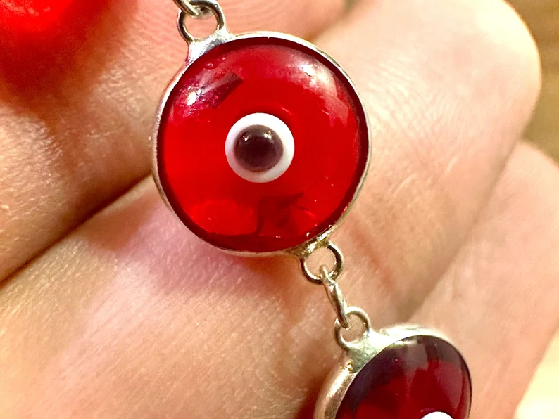 Red Crystal Evil Eye Solid Sterling Silver 925 Bracelet 7.5 inches - leoshopdeals