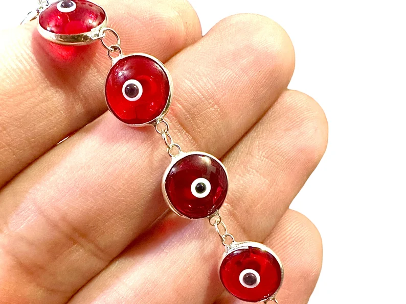 Red Crystal Evil Eye Solid Sterling Silver 925 Bracelet 7.5 inches - leoshopdeals