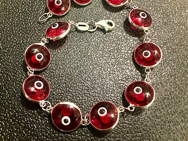 Red Crystal Evil Eye Solid Sterling Silver 925 Bracelet 7.5 inches - leoshopdeals