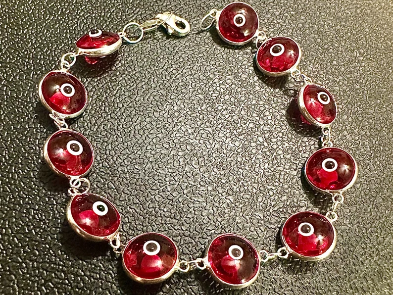 Red Crystal Evil Eye Solid Sterling Silver 925 Bracelet 7.5 inches - leoshopdeals