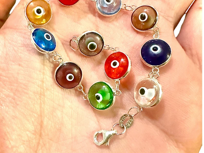 Multicolor Crystal Evil Eye Solid Sterling Silver 925 Bracelet 7.5 inches - leoshopdeals