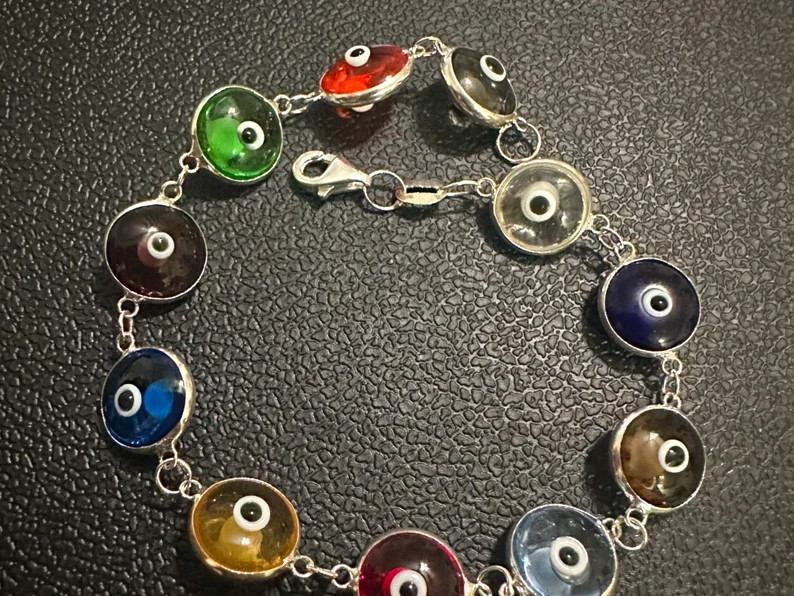 Multicolor Crystal Evil Eye Solid Sterling Silver 925 Bracelet 7.5 inches - leoshopdeals