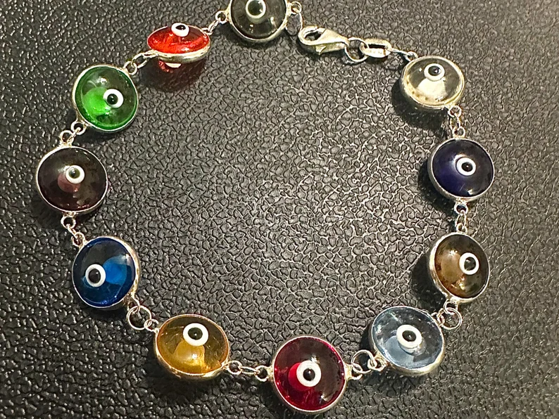 Multicolor Crystal Evil Eye Solid Sterling Silver 925 Bracelet 7.5 inches - leoshopdeals