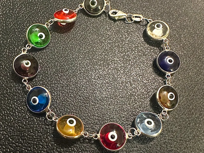 Multicolor Crystal Evil Eye Solid Sterling Silver 925 Bracelet 7.5 inches - leoshopdeals