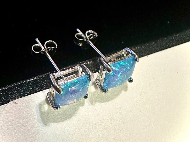 Princess Cut Blue Fire Opal 6mm Sterling Silver 925 Earrings