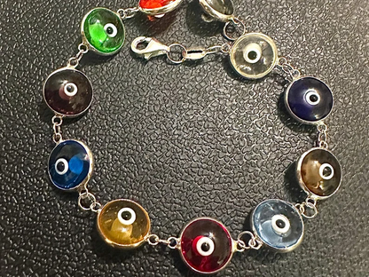 Multicolor Crystal Evil Eye Solid Sterling Silver 925 Bracelet 7.5 inches - leoshopdeals