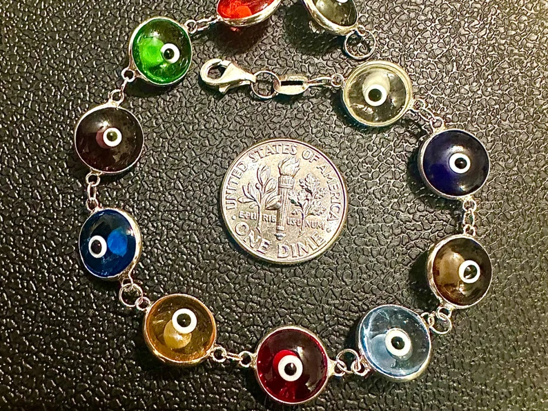 Multicolor Crystal Evil Eye Solid Sterling Silver 925 Bracelet 7.5 inches - leoshopdeals