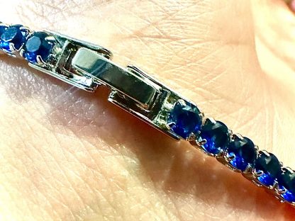 18K White Gold Plated Blue Sapphire 3mm Tennis Bracelet 7.5 Inches - leoshopdeals