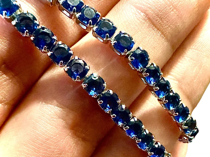 18K White Gold Plated Blue Sapphire 3mm Tennis Bracelet 7.5 Inches - leoshopdeals