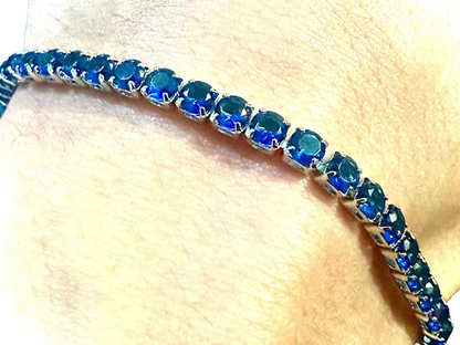 18K White Gold Plated Blue Sapphire 3mm Tennis Bracelet 7.5 Inches - leoshopdeals