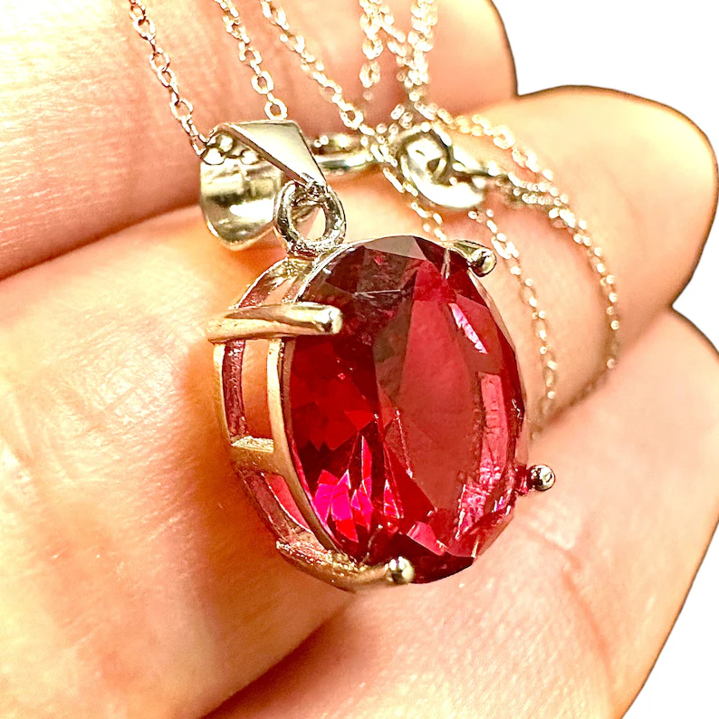 Ruby Red Pendant 925 Sterling Silver 18" Birthstone Necklace - leoshopdeals