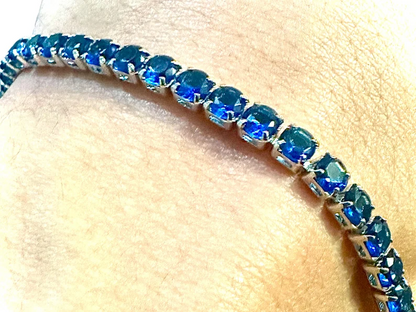 18K White Gold Plated Blue Sapphire 3mm Tennis Bracelet 7.5 Inches - leoshopdeals