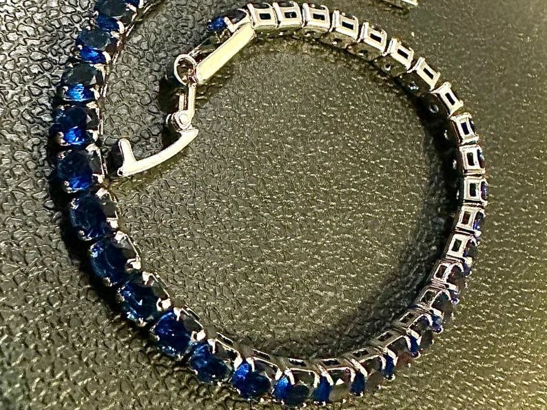 18K White Gold Plated Blue Sapphire 3mm Tennis Bracelet 7.5 Inches - leoshopdeals