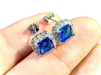 Cushion Cut Tanzanite and White Topaz Halo Studs 925 Sterling Silver Earrings - leoshopdeals