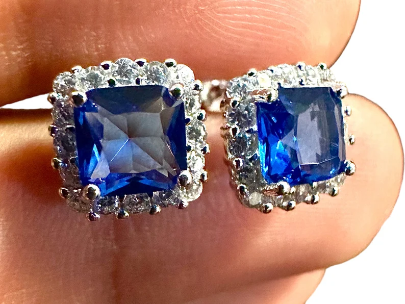 Cushion Cut Tanzanite and White Topaz Halo Studs 925 Sterling Silver Earrings - leoshopdeals