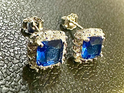 Cushion Cut Tanzanite and White Topaz Halo Studs 925 Sterling Silver Earrings - leoshopdeals