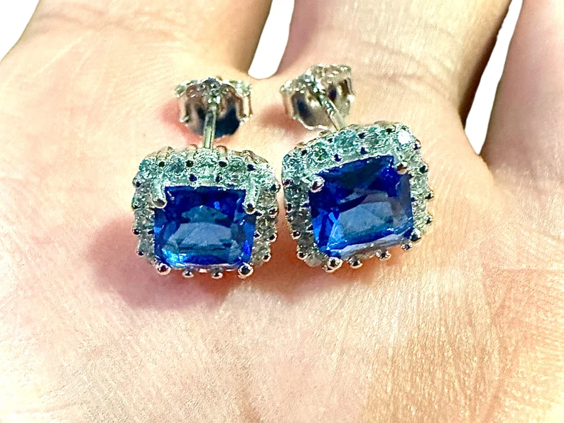 Cushion Cut Tanzanite and White Topaz Halo Studs 925 Sterling Silver Earrings - leoshopdeals