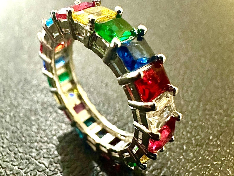 NEW White Gold Plated Multi Color Emerald Cut CZ Stone Ring - leoshopdeals