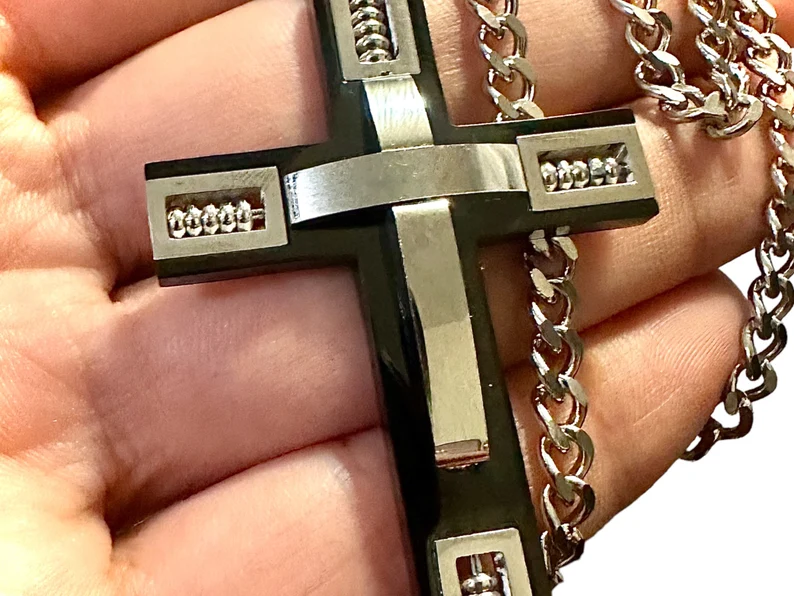 Silver and Black Cross Pendant Stainless Steel 24" Curb 6mm Chain Necklace - leoshopdeals