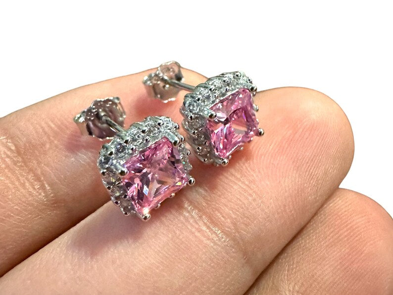 Cushion Cut Pink Tourmaline Halo CZ Sterling Silver Studs Earrings - leoshopdeals