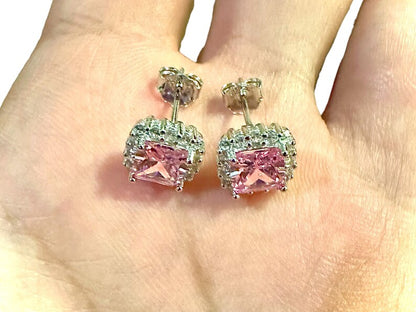 Cushion Cut Pink Tourmaline Halo CZ Sterling Silver Studs Earrings - leoshopdeals