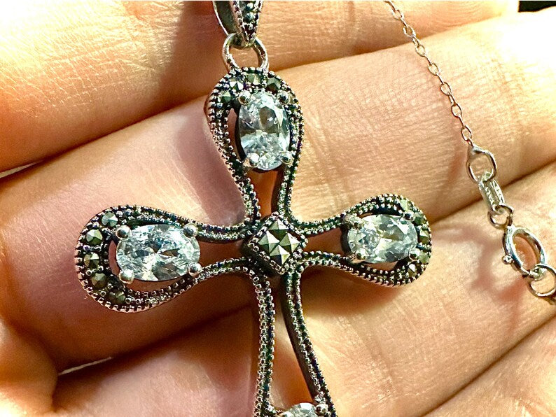 925 Sterling Silver Marcasite Cross CZ Pendant Necklace 18" - leoshopdeals