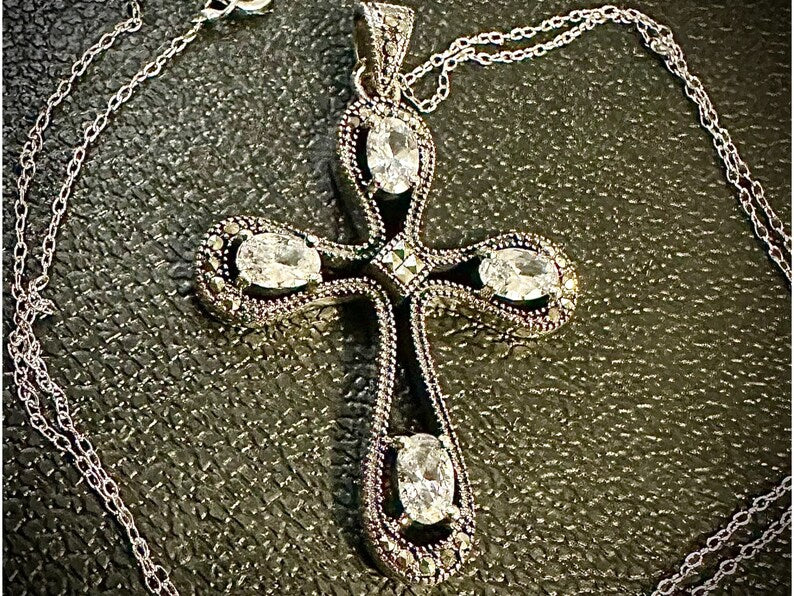 925 Sterling Silver Marcasite Cross CZ Pendant Necklace 18" - leoshopdeals