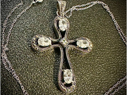 925 Sterling Silver Marcasite Cross CZ Pendant Necklace 18" - leoshopdeals