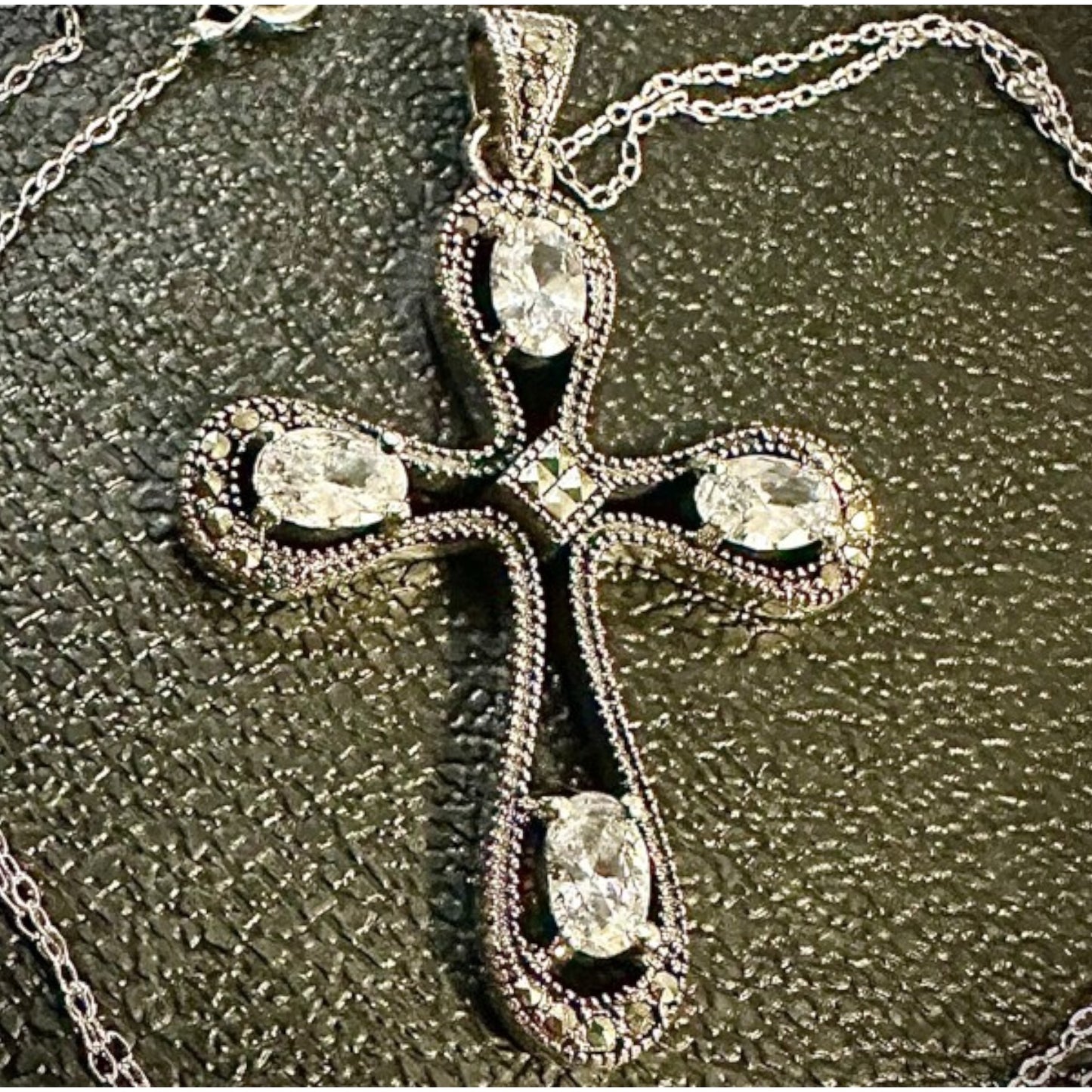 925 Sterling Silver Marcasite Cross CZ Pendant Necklace 18" - leoshopdeals