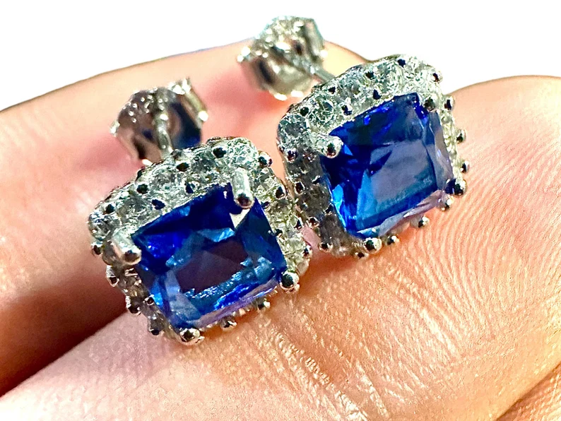 Cushion Cut Tanzanite and White Topaz Halo Studs 925 Sterling Silver Earrings - leoshopdeals