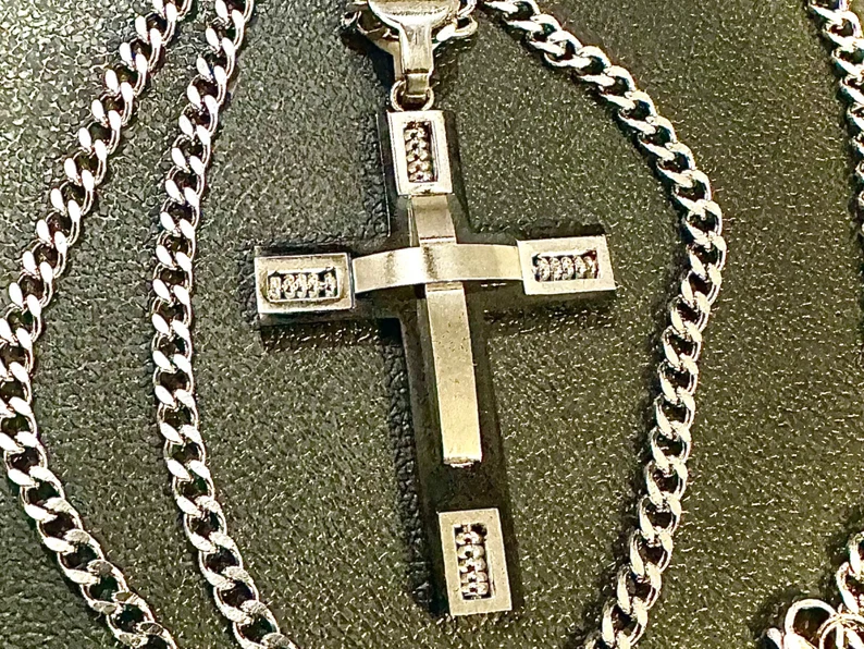 Silver and Black Cross Pendant Stainless Steel 24" Curb 6mm Chain Necklace - leoshopdeals