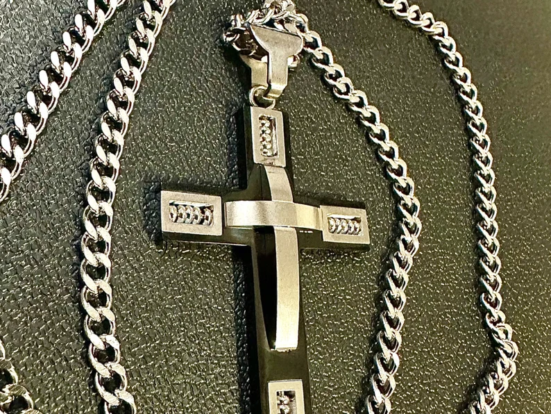 Silver and Black Cross Pendant Stainless Steel 24" Curb 6mm Chain Necklace - leoshopdeals