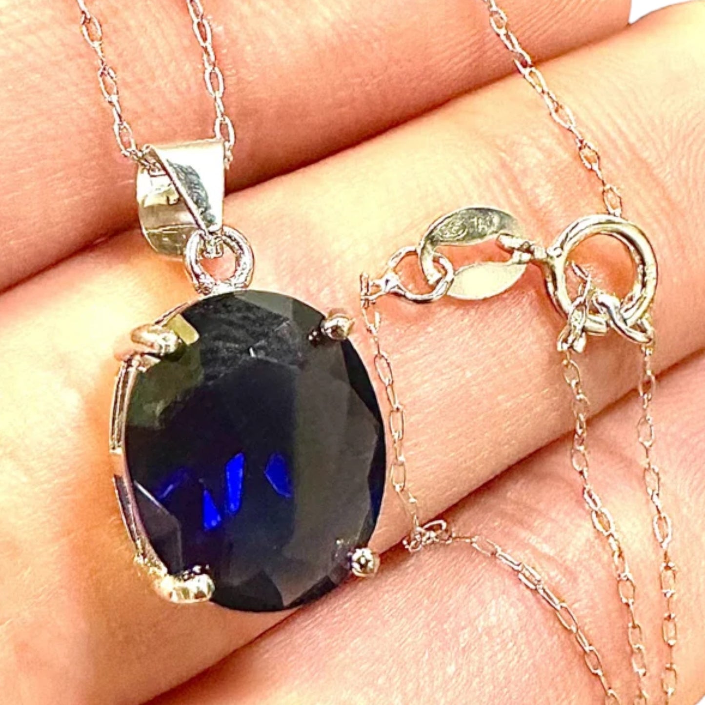 4.00CTTW Blue Sapphire Pendant 925 Sterling Silver 18" Necklace - leoshopdeals