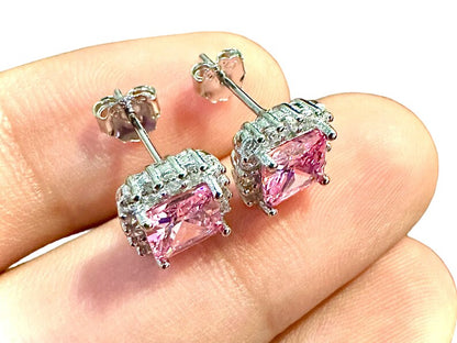 Cushion Cut Pink Tourmaline Halo CZ Sterling Silver Studs Earrings - leoshopdeals